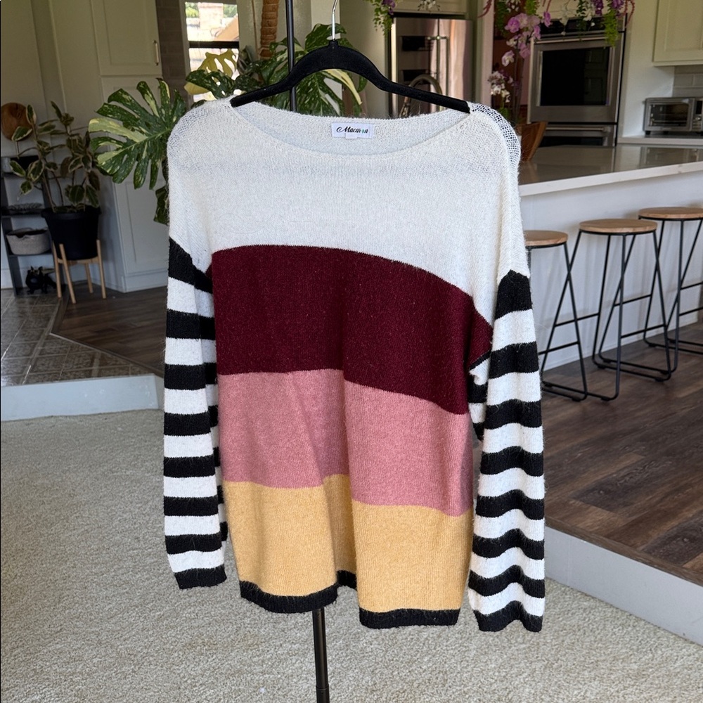 MACARON Colorblock Stripe Scoop Neck Sweater — White, Burgundy, Pink, Yellow